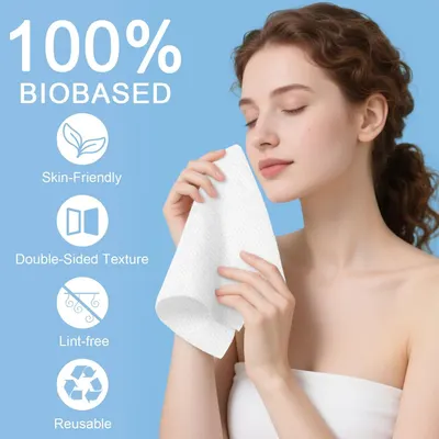 Communicates multiple product benefits in a segmented vertical layout with icons, highlighting the eco-friendly, skin-safe, and functional features of the facial towel to reassure shoppers of its…
