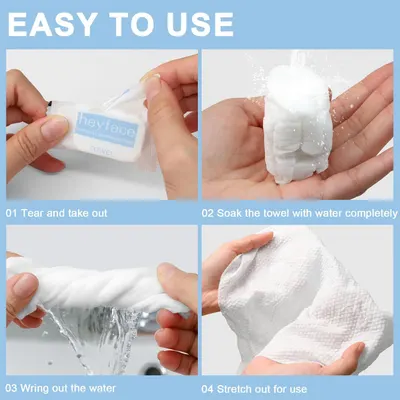 Demonstrates the simple 4-step process for preparing and using the compressed towel, reassuring shoppers that the product is convenient and user-friendly.
