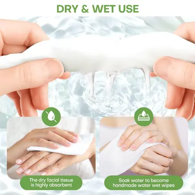 Demonstrates the product's versatility by showing it can be used both as a dry facial tissue and as a wet wipe when soaked in water, highlighting multiple use cases.