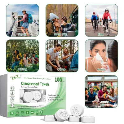 Demonstrates the versatility of the compressed towels by showing seven different scenarios where the product can be used, from outdoor adventures to everyday home use and gifting.