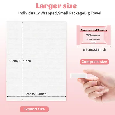 Demonstrates the product's dual sizing—showing both the compact compressed package size for portability and the full expanded towel dimensions to reassure shoppers about actual usable size.…