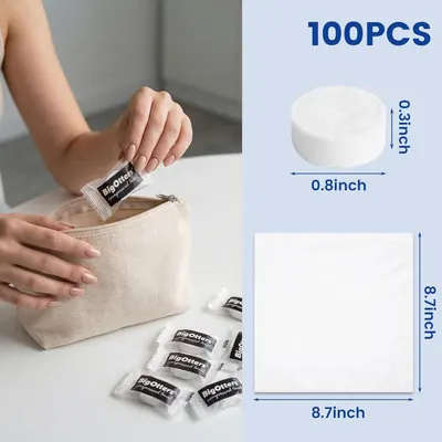 Communicates the exact physical dimensions of the compressed towels (0.8 x 0.3 inch and 8.7 x 8.7 inch when expanded) and the quantity included (100 pieces) to help shoppers understand the product…