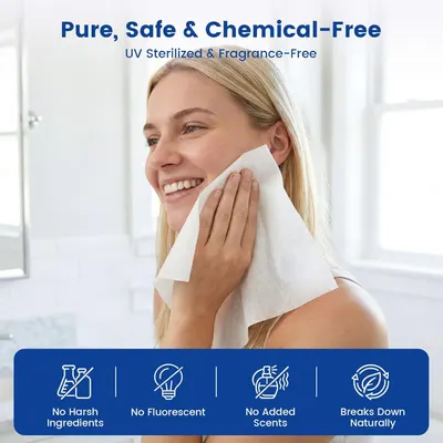 Communicates multiple safety and environmental benefits of the product through a segmented layout with icons, reassuring shoppers that the product is safe, pure, and eco-friendly.