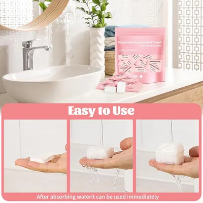 Demonstrates the simple 3-step process of using the compressed towels: place in hand, add water, and watch it expand for immediate use. Highlights the convenience and simplicity of the product,…