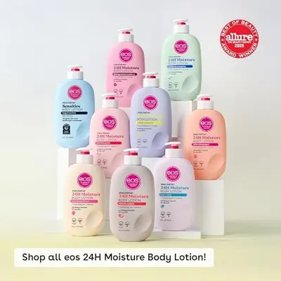 Displays the full range of eos 24H Moisture Body Lotion options to help shoppers explore the brand's product lineup and choose the variant that best suits their needs.