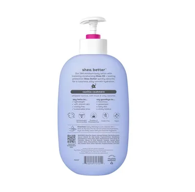 Communicates multiple product benefits in a segmented layout including moisturizing ingredients, texture benefits, ethical claims, and certifications to reassure shoppers of quality and values…