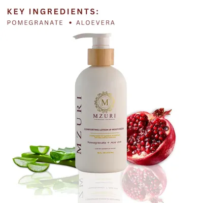 Highlights the natural key ingredients (pomegranate and aloe vera) used in the lotion to communicate quality, natural formulation, and ingredient transparency to shoppers. Communicates that the…