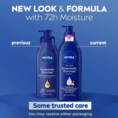 Communicates to shoppers that the brand has updated its formula and packaging, showing both the previous and current versions to reassure customers that they may receive either version but the…