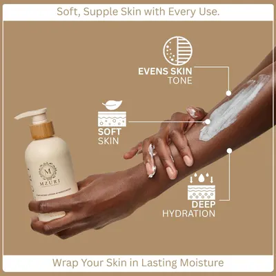 Communicates three distinct skincare benefits of the lotion—evening skin tone, softening skin, and providing deep hydration—to reassure shoppers of the product's comprehensive moisturizing and…