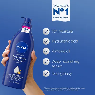 Communicates multiple key benefits and ingredients of the body lotion in a checklist format to help shoppers quickly understand the product's comprehensive moisturizing and nourishing properties.…
