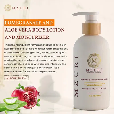 Communicates the product's core benefit of providing rich moisture and nourishment through pomegranate and aloe vera ingredients, positioning it as a self-care essential for comfort and sensory…