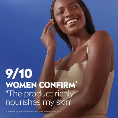 Communicates a strong customer satisfaction statistic (9/10 women confirm) to build trust and credibility, emphasizing the product's skin-nourishing benefit backed by clinical study data. Features a…