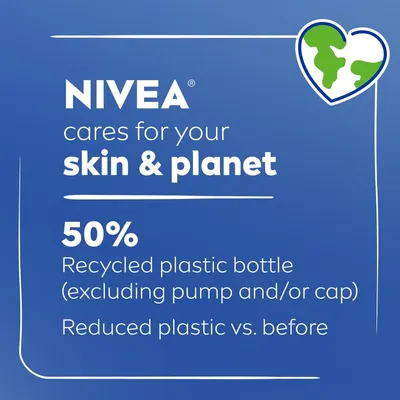 Communicates NIVEA's environmental responsibility by highlighting that the product uses 50% recycled plastic in its bottle and has reduced overall plastic usage, reassuring eco-conscious shoppers.…