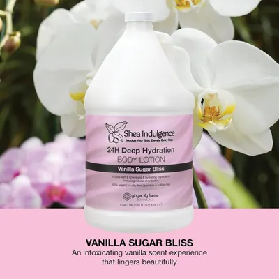 Showcases the product in an elegant, natural environment with orchids to evoke luxury, beauty, and a spa-like experience that aligns with the vanilla scent and premium positioning.