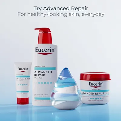Showcases the Eucerin Advanced Repair product line, displaying multiple product formats (lotion, cream, hand cream) to help shoppers understand the brand's offerings and choose the right format for…