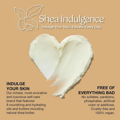 Establishes the brand identity and emotional positioning of Shea Indulgence as a luxurious, natural self-care brand, communicating the brand's values of indulgence, purity, and premium quality.