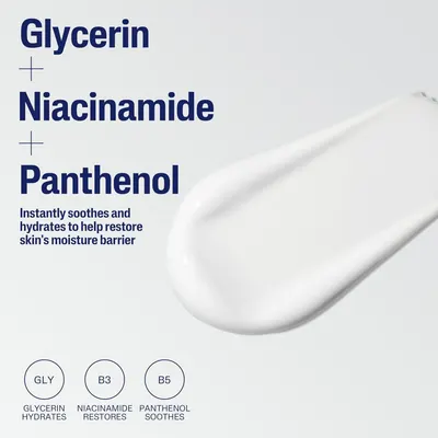 Highlights the three key active ingredients in the product and their specific benefits (hydration, restoration, soothing) to educate shoppers about what makes the formula effective.