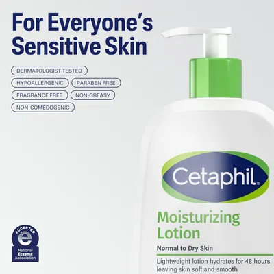 Communicates multiple product benefits and safety features to reassure shoppers with sensitive skin that this lotion is gentle, safe, and effective for long-lasting hydration.