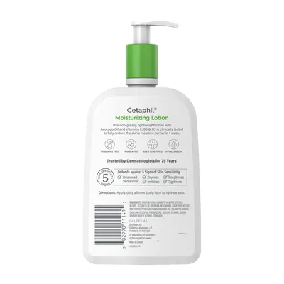 Displays the full product bottle on a clean white background to show the packaging design, pump dispenser, and overall appearance of the Cetaphil Moisturizing Lotion.