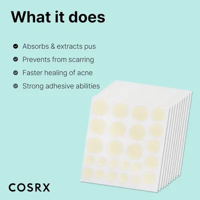 Communicates multiple key benefits of the acne patches in a clear, segmented checklist format to help shoppers understand the comprehensive value and effectiveness of the product.