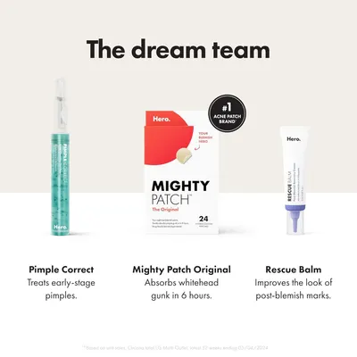 Showcases the brand's product portfolio by presenting three different Hero-branded acne treatment products side-by-side, helping shoppers understand the brand's range and choose the right product…