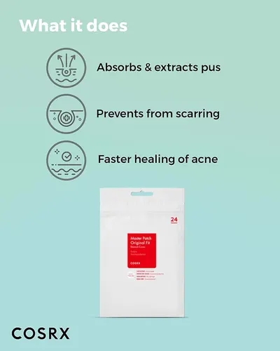 Communicates three distinct benefits of the acne patch product in a segmented layout with icons, showing shoppers how the product works to treat acne effectively.
