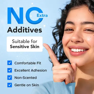 Communicates multiple product benefits in a segmented checklist format to reassure shoppers that the product is safe, comfortable, and suitable for sensitive skin.