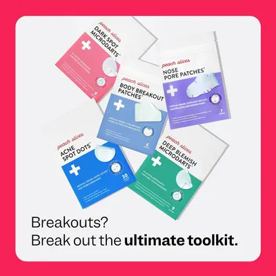Showcases the brand's complete range of acne treatment patches (spot dots, body patches, nose pore patches, dark spot microdarts, and deep blemish microdarts) to help shoppers understand the full…