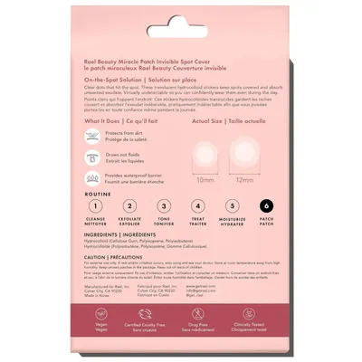 Communicates multiple benefits of the acne patch in a segmented layout, showing how it protects, absorbs, and provides a waterproof barrier while remaining virtually undetectable.
