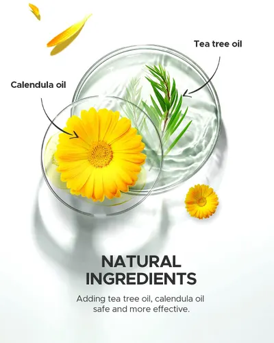 Highlights the specific natural ingredients in the product (tea tree oil and calendula oil) to reassure shoppers about the product's natural composition and effectiveness. Communicates the core…