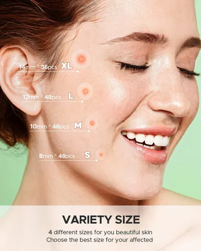 Demonstrates the four different size options available (XL, L, M, S) with specific dimensions and piece counts, helping shoppers choose the right size for their skincare needs.