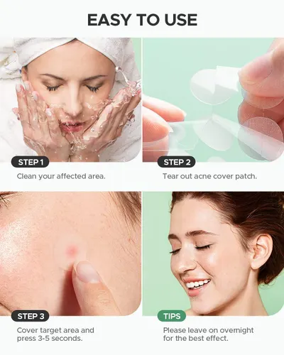 Demonstrates the simple 3-step process for applying acne cover patches, reassuring shoppers that the product is easy to use and effective when left on overnight.