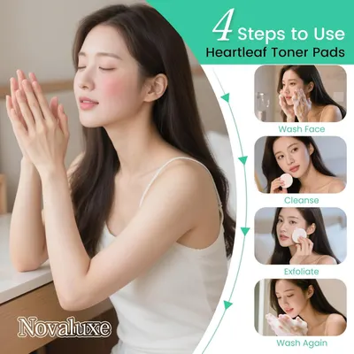 Provides clear step-by-step instructions on how to properly use the Heartleaf Toner Pads, guiding shoppers through the complete skincare routine from washing to final cleanse.