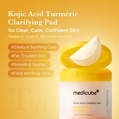 Communicates multiple distinct benefits of the clarifying pad through visually segmented hashtag callouts, showing it addresses clarity, troubled skin, smoothing, and versatile face/body use.