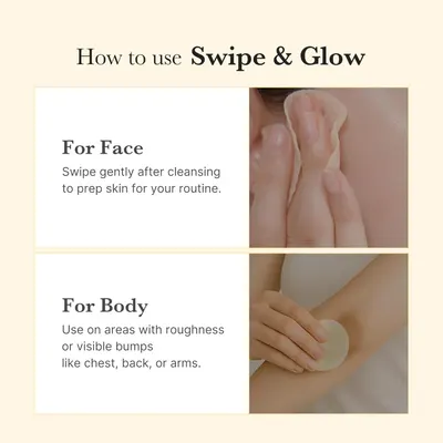 Demonstrates how to use the Swipe & Glow product in two different applications: on the face after cleansing and on body areas with roughness or bumps. Shows the product can be used in multiple…