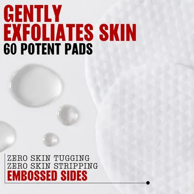 Communicates that the product gently exfoliates skin without tugging or stripping, emphasizing the embossed texture design and the quantity of 60 pads included.