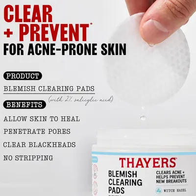 Communicates multiple distinct benefits of the blemish clearing pads in a segmented list format to show shoppers how the product addresses various acne-related concerns.