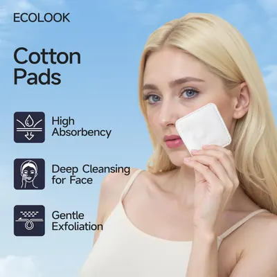 Communicates three distinct product benefits in a segmented layout with icons and text, showing shoppers why these cotton pads are effective for facial care.