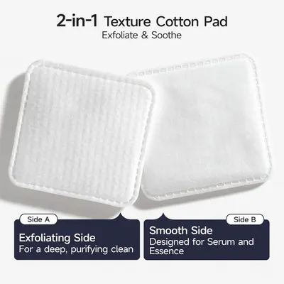 Breaks down the physical structure of the cotton pad by showing both sides and labeling their distinct textures and purposes, helping shoppers understand how each side functions differently.…