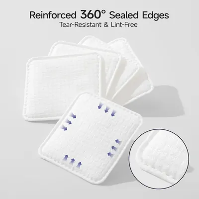 Highlights the product's reinforced sealed edge construction with arrows pointing to the physical feature, demonstrating tear-resistance and lint-free quality to reassure shoppers of durability.…