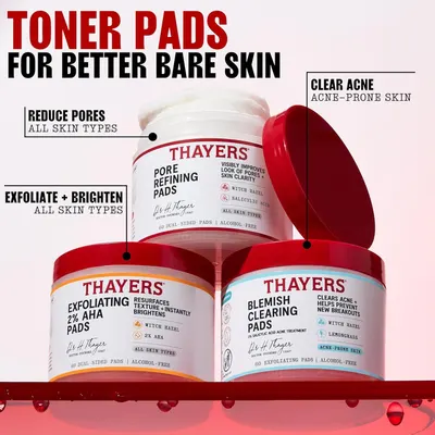 Displays the Thayers brand's toner pad product line, showing three different variants (Pore Refining, Exfoliating 2% AHA, and Blemish Clearing) to help shoppers understand the range of options…