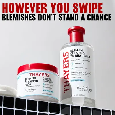 Communicates the product's core benefit of clearing blemishes and preventing acne breakouts, reassuring shoppers of its effectiveness with a bold, confident claim.