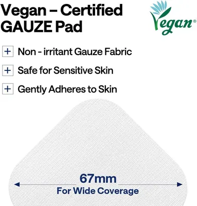 Communicates multiple key benefits of the gauze pad including its vegan certification, non-irritant fabric, skin safety, gentle adhesion, and size for wide coverage to reassure shoppers about…