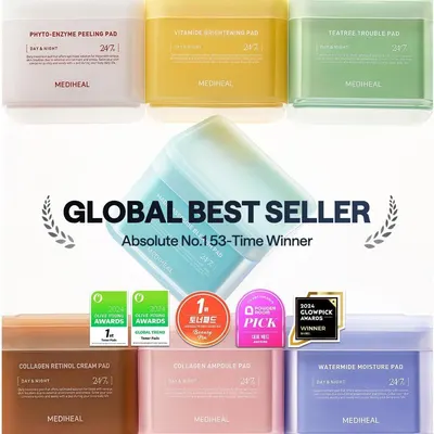 Showcases the brand's complete product line of treatment pads and highlights their global best-seller status and multiple award wins to build credibility and trust with shoppers.