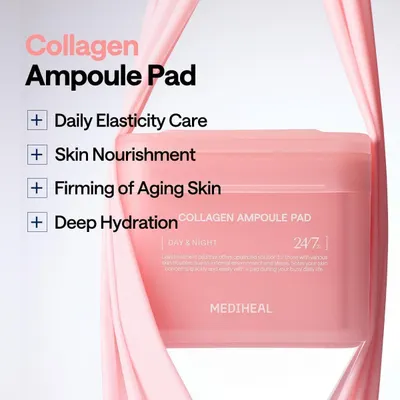 Communicates multiple skincare benefits of the collagen ampoule pad in a segmented list format, reassuring shoppers that the product addresses elasticity, nourishment, firming, and hydration needs.