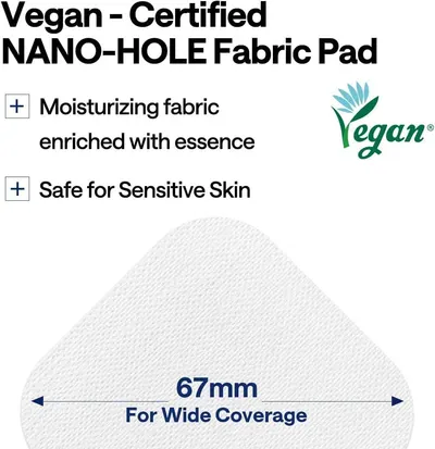 Communicates multiple distinct product benefits including vegan certification, moisturizing properties, skin safety, and size coverage to reassure shoppers of the product's quality and suitability.