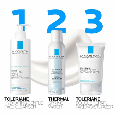 Demonstrates a simple 3-step skincare regimen using La Roche-Posay products, guiding shoppers through the proper sequence of cleanse, tone, and moisturize. Showcases the La Roche-Posay Toleriane…