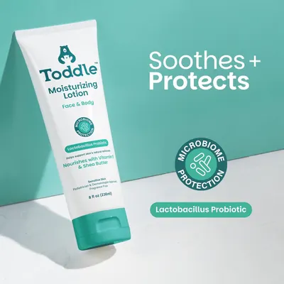 Highlights the product's unique microbiome protection feature with Lactobacillus Probiotic to reassure parents that the lotion soothes and protects their child's sensitive skin.