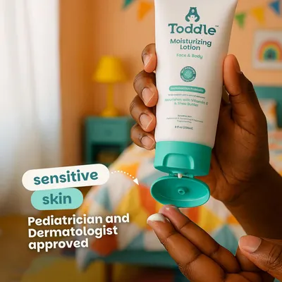 Reassures parents that the product is safe and gentle for children's sensitive skin, backed by professional medical approval. Communicates the primary benefit that this moisturizing lotion is…