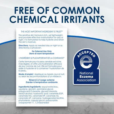 Communicates that the product is safe for sensitive skin by highlighting its certification from the National Eczema Association and its formulation free of common chemical irritants, building trust…